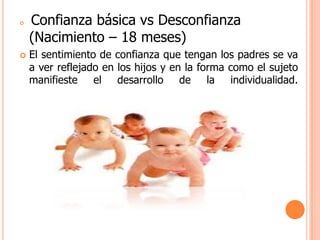    Confianza básica vs Desconfianza
    (Nacimiento – 18 meses)
   El sentimiento de confianza que tengan los padres se va
    a ver reflejado en los hijos y en la forma como el sujeto
    manifieste el desarrollo de la individualidad.
 