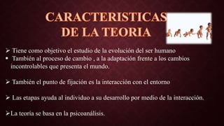  Tiene como objetivo el estudio de la evolución del ser humano
 También al proceso de cambio , a la adaptación frente a los cambios
incontrolables que presenta el mundo.
 También el punto de fijación es la interacción con el entorno
 Las etapas ayuda al individuo a su desarrollo por medio de la interacción.
La teoría se basa en la psicoanálisis.
 