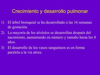 Crecimiento y desarrollo pulmonar

1) El árbol bronquial se ha desarrollado a las 16 semanas
   de gestación.
2) La mayoría de los alvéolos se desarrollan después del
   nacimiento, aumentando en número y tamaño hasta los 8
   años.
3) El desarrollo de los vasos sanguíneos es en forma
   paralela a la vía aérea.
 