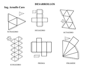 DESARROLLOS
Ing. Arnulfo Caro
TETRAEDRO
HEXAEDRO
OCTAEDRO
ICOSAEDRO
PRISMA PIRAMIDE
 