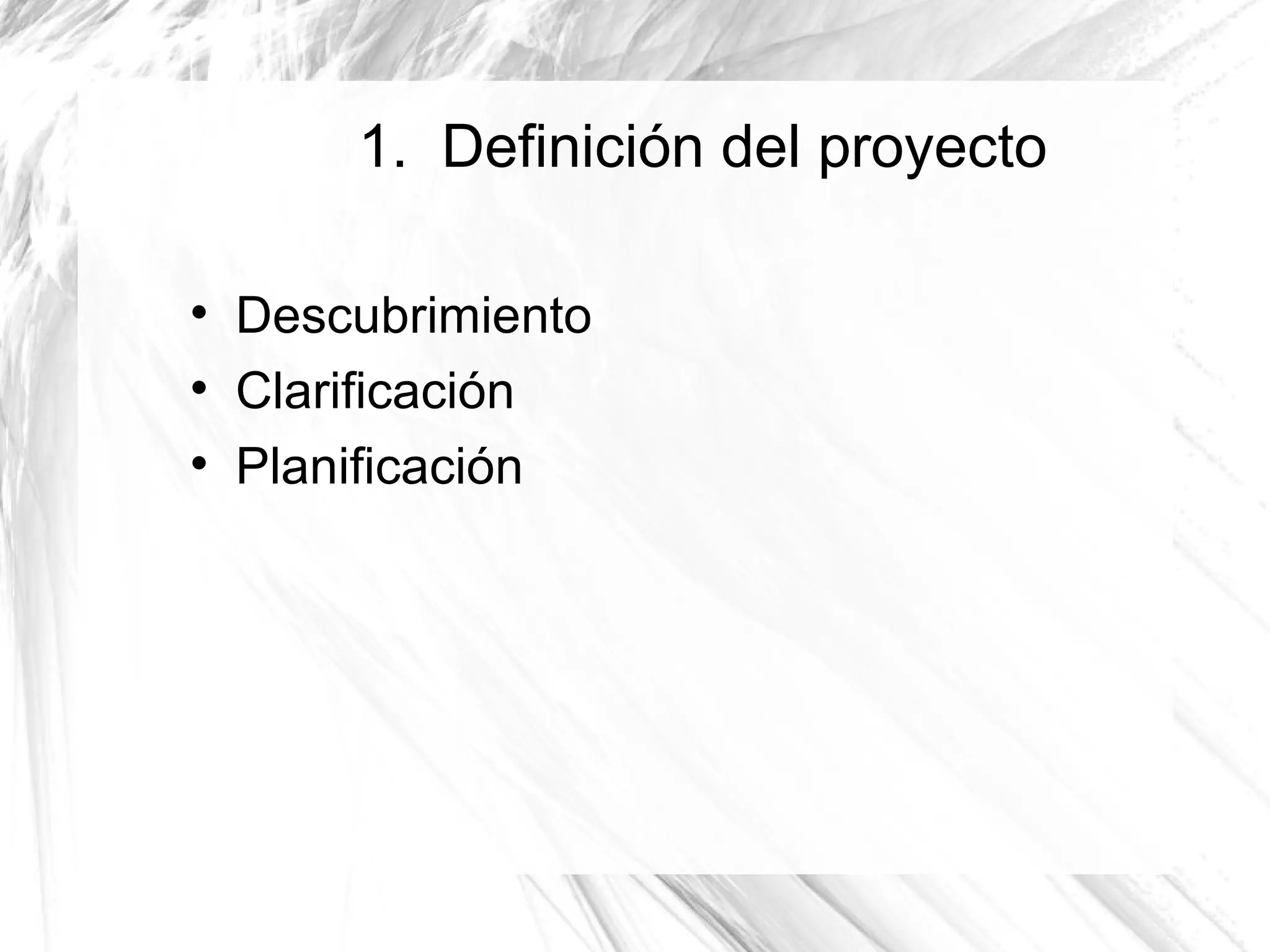 1. Definición del proyecto


    Descubrimiento

    Clarificación

    Planificación
 