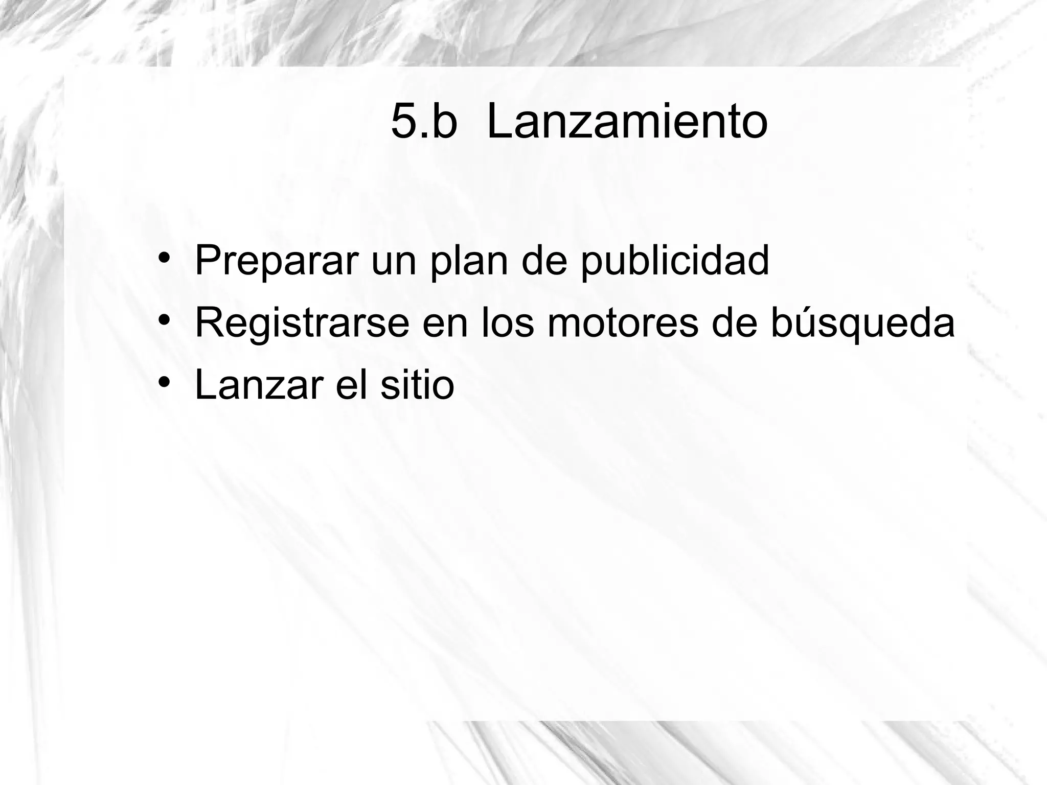 5.b Lanzamiento


    Preparar un plan de publicidad

    Registrarse en los motores de búsqueda

    Lanzar el sitio
 