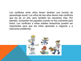 Los conflictos entre niños tienen también una función de
aprendizaje social. Los niños de dos años tienen más conflictos
que los de un año, pero también los resuelven más. Por
ejemplo, comparten los juguetes cuando no hay suficiente para
todos. Los conflictos a estas edades tempranas pueden ser
importantes para que los niños aprendan a negociar y a
solucionar problemas.

 