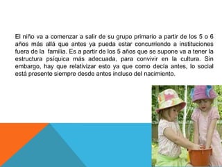 El niño va a comenzar a salir de su grupo primario a partir de los 5 o 6
años más allá que antes ya pueda estar concurriendo a instituciones
fuera de la familia. Es a partir de los 5 años que se supone va a tener la
estructura psíquica más adecuada, para convivir en la cultura. Sin
embargo, hay que relativizar esto ya que como decía antes, lo social
está presente siempre desde antes incluso del nacimiento.

 