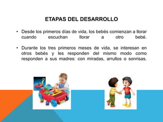 ETAPAS DEL DESARROLLO
• Desde los primeros días de vida, los bebés comienzan a llorar
cuando
escuchan
llorar
a
otro
bebé.
• Durante los tres primeros meses de vida, se interesan en
otros bebés y les responden del mismo modo como
responden a sus madres: con miradas, arrullos o sonrisas.

 