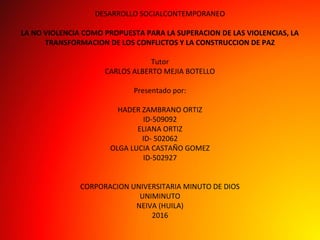 DESARROLLO SOCIALCONTEMPORANEO
LA NO VIOLENCIA COMO PROPUESTA PARA LA SUPERACION DE LAS VIOLENCIAS, LA
TRANSFORMACION DE LOS CONFLICTOS Y LA CONSTRUCCION DE PAZ
Tutor
CARLOS ALBERTO MEJIA BOTELLO
Presentado por:
HADER ZAMBRANO ORTIZ
ID-509092
ELIANA ORTIZ
ID- 502062
OLGA LUCIA CASTAÑO GOMEZ
ID-502927
CORPORACION UNIVERSITARIA MINUTO DE DIOS
UNIMINUTO
NEIVA (HUILA)
2016
 