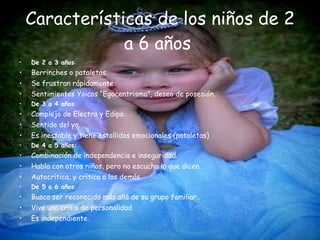 Características de los niños de 2 a 6 años   De 2 a 3 años : Berrinches o pataletas . Se frustran rápidamente.  Sentimientos Yoicos “Egocentrismo”, deseo de posesión . De 3 a 4 años : Complejo de Electra y Edipo. Sentido del yo. Es inestable y tiene estallidos emocionales (pataletas)  De 4 a 5 años: Combinación de independencia e inseguridad. Habla con otros niños, pero no escucha lo que dicen. Autocrítica, y crítica a los demás. De 5 a 6 años : Busca ser reconocido más allá de su grupo familiar. Vive una crisis de personalidad  Es independiente. 