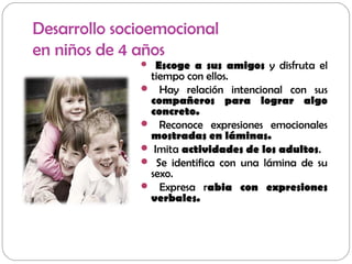 Desarrollo socioemocional
en niños de 4 años
 Escoge a sus amigos y disfruta el
tiempo con ellos.
 Hay relación intencional con sus
compañeros para lograr algo
concreto.
 Reconoce expresiones emocionales
mostradas en láminas.
 Imita actividades de los adultos.
 Se identifica con una lámina de su
sexo.
 Expresa rabia con expresiones
verbales.
 