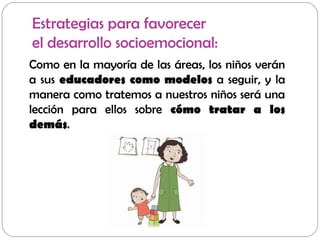 Estrategias para favorecer
el desarrollo socioemocional:
Como en la mayoría de las áreas, los niños verán
a sus educadores como modelos a seguir, y la
manera como tratemos a nuestros niños será una
lección para ellos sobre cómo tratar a los
demás.
 