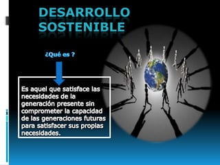 DESARROLLO SOSTENIBLE ¿Qué es ? Es aquel que satisface las necesidades de la generación presente sin comprometer la capacidad de las generaciones futuras para satisfacer sus propias necesidades. 