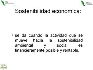 Sostenibilidad económica: se da cuando la actividad que se mueve hacia la sostenibilidad ambiental y social es financieramente posible y rentable.  
