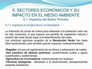 5. SECTORES ECONÓMICOS Y SU
IMPACTO EN EL MEDIO AMBIENTE
5.1. Impactos del Sector Primario
5.1.1. Impactos en la Agricultura y la Ganadería:
La extensión de zonas de cultivo para alimentar a la población cada vez
es más numerosa, lo que supone una pérdida de vegetación natural y
erosión del suelo dando lugar a la desertificación del suelo.
Las prácticas agrícolas surgidas de la Revolución Verde han dado
altos rendimientos, pero también graves impactos medioambientales:
-Regadío: provoca el agotamiento de acuíferos y salinización de suelos.
-Uso excesivo de abonos químicos: contaminando suelos y aguas
superficiales y subterráneas.
-Agricultura en invernaderos: incrementando los residuos.
-Técnicas biológicas: afectando a la biodiversidad, desapareciendo
especies autóctonas .
 