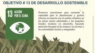Promover mecanismos para aumentar la
capacidad para la planificación y gestión
eficaces en relación con el cambio climático en
los países menos adelantados y los pequeños
Estados insulares en desarrollo, haciendo
particular hincapié en las mujeres, los jóvenes y
las comunidades locales y marginadas.
 