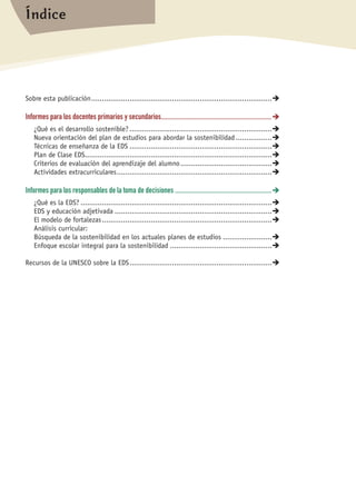 Sobre esta publicación......................................................................................
Informes para los docentes primarios y secundarios.......................................................................
¿Qué es el desarrollo sostenible?....................................................................
Nueva orientación del plan de estudios para abordar la sostenibilidad..................
Técnicas de enseñanza de la EDS....................................................................
Plan de Clase EDS.........................................................................................
Criterios de evaluación del aprendizaje del alumno............................................
Actividades extracurriculares..........................................................................
Informes para los responsables de la toma de decisiones...............................................................
¿Qué es la EDS?...........................................................................................
EDS y educación adjetivada...........................................................................
El modelo de fortalezas.................................................................................
Análisis curricular:
Búsqueda de la sostenibilidad en los actuales planes de estudios........................
Enfoque escolar integral para la sostenibilidad.................................................
Recursos de la UNESCO sobre la EDS....................................................................
Índice
 