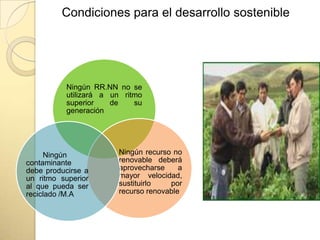 Condiciones para el desarrollo sostenible




          Ningún RR.NN no se
          utilizará a un ritmo
          superior    de    su
          generación




     Ningún            Ningún recurso no
contaminante           renovable deberá
debe producirse a      aprovecharse     a
un ritmo superior      mayor velocidad,
al que pueda ser       sustituirlo   por
reciclado /M.A         recurso renovable
 