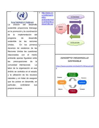 La división del desarrollo
sostenible proporciona liderazgo
en la promoción y la coordinación
de la implementación del
programa de desarrollo
sostenible de las naciones
Unidas. En los primeros
decenios de existencia de las
Naciones Unidas las cuestiones
relacionadas con el medio
ambiente apenas figuraban entre
las preocupaciones de la
comunidad internacional. La
labor de la organización en ese
ámbito se centraba en el estudio
y la utilización de los recursos
naturales y en tratar de asegurar
que los países en desarrollo, en
particular, controlaran sus
propios recursos.
 http://www.cin
u.mx/temas/m
edio-
ambiente/med
io-ambiente-y-
desarrollo-so/

CONCEPTO DESARROLLO
SOSTENIBLE
https://www.youtube.com/watch?v=W1wvuervp9
8
D.S
ECONOMIA
EVOLUCION
SOCIE-
DAD
 