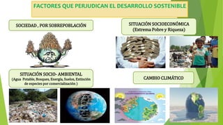 FACTORES QUE PERJUDICAN EL DESARROLLO SOSTENIBLE
SOCIEDAD , POR SOBREPOBLACIÓN
CAMBIO CLIMÁTICO
SITUACIÓN SOCIO- AMBIENTAL
(Agua Potable, Bosques, Energía, Suelos, Extinción
de especies por comercialización )
SITUACIÓN SOCIOECONÓMICA
(Extrema Pobre y Riqueza)
 
