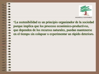 La sostenibilidad es un principio organizador de la sociedad porque implica que los procesos económico-productivos, que dependen de los recursos naturales, puedan mantenerse en el tiempo sin colapsar o experimentar un rápido deterioro.  Consiste en una visión a futuro que exige prevenir las consecuencias de las decisiones del presente. Implica pensar en los impactos de los procesos productivos y de los estilos de vida adoptados o a adoptar, a mediano y largo plazo. Busca el bienestar humano y mejorar la calidad de vida de la gente, sin destruir la base biofísica y los sistemas vitales de los que  dependen las sociedades. DESARROLLO SOSTENIBLE 