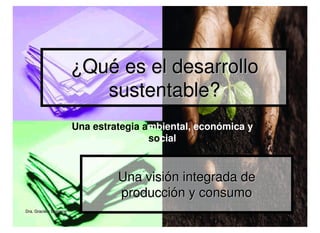 ¿Qué es el desarrollo
                           sustentable?
                        Una estrategia ambiental, económica y
                                        social



                                 Una visión integrada de
                                 producción y consumo
Dra. Graciela Scavone
 