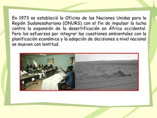En 1973 se estableció la Oficina de las Naciones Unidas para la
Región Sudanosahariana (ONURS) con el fin de impulsar la lucha
contra la expansión de la desertificación en África occidental.
Pero los esfuerzos por integrar las cuestiones ambientales con la
planificación económica y la adopción de decisiones a nivel nacional
se mueven con lentitud.
 