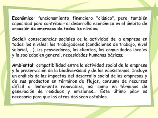Económico: funcionamiento financiero "clásico", pero también
capacidad para contribuir al desarrollo económico en el ámbito de
creación de empresas de todos los niveles;

Social: consecuencias sociales de la actividad de la empresa en
todos los niveles: los trabajadores (condiciones de trabajo, nivel
salarial, …), los proveedores, los clientes, las comunidades locales
y la sociedad en general, necesidades humanas básicas;

Ambiental: compatibilidad entre la actividad social de la empresa
y la preservación de la biodiversidad y de los ecosistemas. Incluye
un análisis de los impactos del desarrollo social de las empresas y
de sus productos en términos de flujos, consumo de recursos
difícil o lentamente renovables, así como en términos de
generación de residuos y emisiones... Este último pilar es
necesario para que los otros dos sean estables.
 