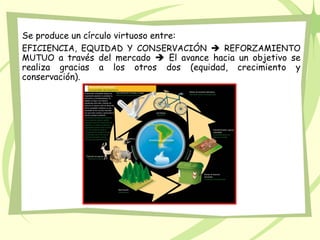 Se produce un círculo virtuoso entre:
EFICIENCIA, EQUIDAD Y CONSERVACIÓN  REFORZAMIENTO
MUTUO a través del mercado  El avance hacia un objetivo se
realiza gracias a los otros dos (equidad, crecimiento y
conservación).
 