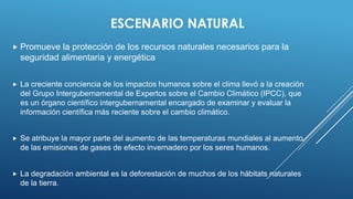 ESCENARIO NATURAL
 Promueve    la protección de los recursos naturales necesarios para la
    seguridad alimentaria y energética

   La creciente conciencia de los impactos humanos sobre el clima llevó a la creación
    del Grupo Intergubernamental de Expertos sobre el Cambio Climático (IPCC), que
    es un órgano científico intergubernamental encargado de examinar y evaluar la
    información científica más reciente sobre el cambio climático.


   Se atribuye la mayor parte del aumento de las temperaturas mundiales al aumento
    de las emisiones de gases de efecto invernadero por los seres humanos.


   La degradación ambiental es la deforestación de muchos de los hábitats naturales
    de la tierra.
 