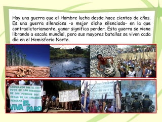 Hay una guerra que el Hombre lucha desde hace cientos de años.
Es una guerra silenciosa -o mejor dicho silenciada- en la que
contradictoriamente, ganar significa perder. Esta guerra se viene
librando a escala mundial, pero sus mayores batallas se viven cada
día en el Hemisferio Norte.
 