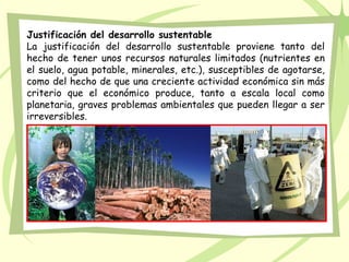 Justificación del desarrollo sustentable
La justificación del desarrollo sustentable proviene tanto del
hecho de tener unos recursos naturales limitados (nutrientes en
el suelo, agua potable, minerales, etc.), susceptibles de agotarse,
como del hecho de que una creciente actividad económica sin más
criterio que el económico produce, tanto a escala local como
planetaria, graves problemas ambientales que pueden llegar a ser
irreversibles.
 