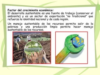 Factor del crecimiento económico:
El desarrollo sustentable es una fuente de trabajo (conservar el
ambiente) y es un sector de exportación “no tradicional” que
refuerza la identidad nacional y de cada región.
Un manejo sustentable de los recursos permite salir de la
pobreza y una producción limpia permite hacer manejo
sustentable de los recursos.
 