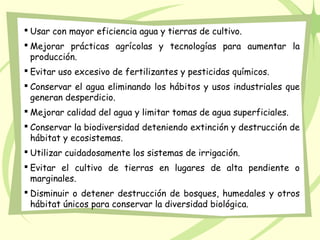  Usar con mayor eficiencia agua y tierras de cultivo.
 Mejorar prácticas agrícolas y tecnologías para aumentar la
producción.
 Evitar uso excesivo de fertilizantes y pesticidas químicos.
 Conservar el agua eliminando los hábitos y usos industriales que
generan desperdicio.
 Mejorar calidad del agua y limitar tomas de agua superficiales.
 Conservar la biodiversidad deteniendo extinción y destrucción de
hábitat y ecosistemas.
 Utilizar cuidadosamente los sistemas de irrigación.
 Evitar el cultivo de tierras en lugares de alta pendiente o
marginales.
 Disminuir o detener destrucción de bosques, humedales y otros
hábitat únicos para conservar la diversidad biológica.
 