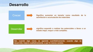 significa expandir o realizar los potenciales o llevar a un
estado mejor, mayor o más completo.
Significa aumentar en tamaño como resultado de la
asimilación o acumulación de materiales
Crecer
Desarrollar
Así, cuando algo crece, se agranda cuantitativamente; cuando algo se
desarrolla, mejora cualitativamente, o por lo menos cambia.
Desarrollo
 