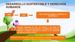 DESARROLLO SUSTENTABLE Y DERECHOS
HUMANOS
1986 ONU
DECLARACIÓN SOBRE EL DERECHO AL
DESARROLLO
Derecho inalienable de todo ser humano y de todos los
pueblos a ejercer soberanía plena y completa sobre todos los
recursos y riquezas naturales en procura en su desarrollo
económico, social y cultural.
El desarrollo sustentable es aquel centrado en un individuo que disfrute y vea
respetados todos sus derechos humanos.
 