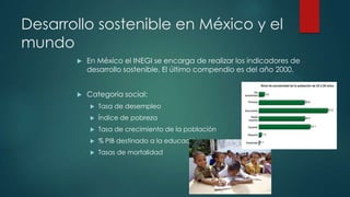 Desarrollo sostenible en México y el
mundo


En México el INEGI se encarga de realizar los indicadores de
desarrollo sostenible. El último compendio es del año 2000.



Categoría social:


Tasa de desempleo



Índice de pobreza



Tasa de crecimiento de la población



% PIB destinado a la educación



Tasas de mortalidad

 