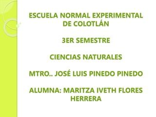 ESCUELA NORMAL EXPERIMENTAL
DE COLOTLÁN
3ER SEMESTRE
CIENCIAS NATURALES
MTRO.. JOSÉ LUIS PINEDO PINEDO
ALUMNA: MARITZA IVETH FLORES
HERRERA
 