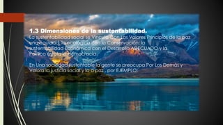 1.3 Dimensiones de la sustentabilidad.
La sustentabilidad social se Vincula Con Los Valores Principios de la paz
una equidad; la ecológica con la Conservación; la
sustentabilidad Económica con el Desarrollo ADECUADO y la
Política estafa la democracia.
En Una sociedad sustentable la gente se preocupa Por Los Demás y
Valora la justicia social y la a paz , por EJEMPLO:
 