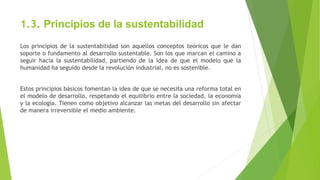 1.3. Principios de la sustentabilidad
Los principios de la sustentabilidad son aquellos conceptos teóricos que le dan
soporte o fundamento al desarrollo sustentable. Son los que marcan el camino a
seguir hacia la sustentabilidad, partiendo de la idea de que el modelo que la
humanidad ha seguido desde la revolución industrial, no es sostenible.
Estos principios básicos fomentan la idea de que se necesita una reforma total en
el modelo de desarrollo, respetando el equilibrio entre la sociedad, la economía
y la ecología. Tienen como objetivo alcanzar las metas del desarrollo sin afectar
de manera irreversible el medio ambiente.
 
