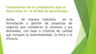 Componentes de la competencia que se
desarrollan en la Unidad de Aprendizaje:
Actúa de manera colectiva en la
formulación y gestión de proyectos de
negocios que consideran el contexto y sus
demandas, con base a criterios de calidad
que incluyen la sustentabilidad, la ética y la
eficacia.
 