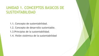 UNIDAD 1. CONCEPTOS BASICOS DE
SUSTENTABILIDAD
1.1. Concepto de sustentabilidad.
1.2. Concepto de desarrollo sustentable.
1.3.Principios de la sustentabilidad.
1.4. Visión sistémica de la sustentabilidad
 