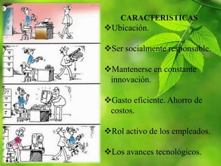 CARACTERISTICAS
Ubicación.

Ser socialmente responsable.

Mantenerse en constante
 innovación.

Gasto eficiente. Ahorro de
 costos.

Rol activo de los empleados.

Los avances tecnológicos.
 