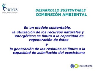DESARROLLO SUSTENTABLE
DIMENSIÓN AMBIENTAL
En un modelo sustentable,
la utilización de los recursos naturales y
energéticos se limita a la capacidad de
regeneración de éstos
y
la generación de los residuos se limita a la
capacidad de asimilación del ecosistema
 