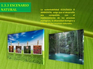 La sustentabilidad ECOLÓGICA O
AMBIENTAL exige que el desarrollo
sea compatible con el
mantenimiento de los procesos
ecológicos, la diversidad biológica y
la base de los recursos naturales.
 