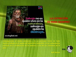 FIN
¡LA EXTINCIÓN
ES PARA SIEMPRE!
«Salvaguardar el medio ambiente.... Es un principio rector de todo
nuestro trabajo en el apoyo del desarrollo sostenible; es un componente
esencial en la erradicación de la pobreza y uno de los cimientos de la
paz«
Kofi Annan
 