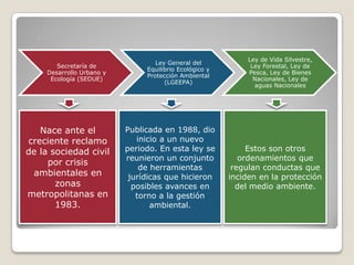 Ley de Vida Silvestre,
                                   Ley General del
        Secretaría de                                          Ley Forestal, Ley de
                                Equilibrio Ecológico y
     Desarrollo Urbano y                                      Pesca, Ley de Bienes
                                Protección Ambiental
      Ecología (SEDUE)                                          Nacionales, Ley de
                                      (LGEEPA)
                                                                aguas Nacionales




   Nace ante el            Publicada en 1988, dio
creciente reclamo             inicio a un nuevo
de la sociedad civil       periodo. En esta ley se            Estos son otros
                           reunieron un conjunto            ordenamientos que
     por crisis
                               de herramientas            regulan conductas que
 ambientales en             jurídicas que hicieron       inciden en la protección
       zonas                 posibles avances en           del medio ambiente.
metropolitanas en             torno a la gestión
       1983.                      ambiental.
 