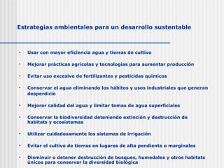 Estrategias ambientales para  un  desarrollo sustentable Usar con mayor eficiencia agua y tierras de cultivo Mejorar prácticas agrícolas y tecnologías para aumentar producción Evitar uso excesivo de fertilizantes y pesticidas químicos Conservar el agua eliminando los hábitos y usos industriales que generan   desperdicio Mejorar calidad del agua y limitar tomas de agua superficiales Conservar la biodiversidad deteniendo extinción y destrucción de habitats y ecosistemas Utilizar cuidadosamente los sistemas de irrigación Evitar el cultivo de tierras en lugares de alta pendiente o marginales Disminuir o detener destrucción de bosques, humedales y otros habitats únicos para conservar la diversidad biológica 