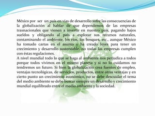 México por ser un país en vías de desarrollo sufre las consecuencias de
la globalización al hablar de que dependemos de las empresas
trasnacionales que vienen a invertir en nuestro país, pagando bajos
sueldos y obligando al país a explotar sus recursos naturales,
contaminando el ambiente, los ríos, los bosques, etc., aunque México
ha tomado cartas en el asunto y ha creado leyes para tener un
crecimiento y desarrollo sustentable, no todas las empresas cumplen
con éstas regulaciones.
A nivel mundial todo lo que se haga al ambiente nos perjudica a todos
porque todos vivimos en el mismo planeta y si no lo cuidamos no
tendremos un futuro. Si bien la globalización crea fuentes de empleo,
ventajas tecnológicas, de servicios, productos, entre otras ventajas y en
cierto punto un crecimiento económico, no se debe descuidar el tema
del medio ambiente se debe buscar siempre un desarrollo y crecimiento
mundial equilibrado entre el medio ambiente y la sociedad.
 