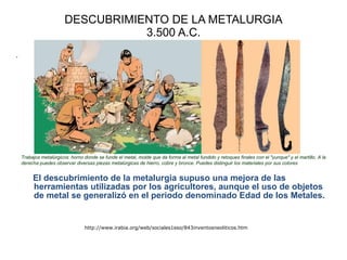 DESCUBRIMIENTO DE LA METALURGIA 3.500 A.C. El descubrimiento de la metalurgia supuso una mejora de las herramientas utilizadas por los agricultores, aunque el uso de objetos de metal se generalizó en el periodo denominado Edad de los Metales. http://www.irabia.org/web/sociales1eso/843inventosneoliticos.htm . Trabajos metalúrgicos: horno donde se funde el metal, molde que da forma al metal fundido y retoques finales con el "yunque" y el martillo. A la derecha puedes observar diversas piezas metalúrgicas de hierro, cobre y bronce. Puedes distinguir los materiales por sus colores 