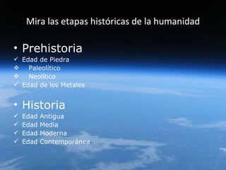 Mira las etapas históricas de la humanidad Prehistoria Edad de Piedra  Paleolítico Neolítico Edad de los Metales Historia Edad Antigua Edad Media Edad Moderna Edad Contemporánea  