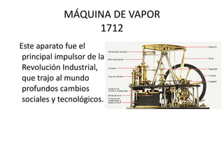 MÁQUINA DE VAPOR 1712 Este aparato fue el principal impulsor de la Revolución Industrial, que trajo al mundo profundos cambios sociales y tecnológicos.  