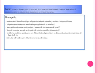 LOGRO 1:ANALIZA LA EVOLUCIÓN DE LA TECNOLOGÍA EN SUS DIFERENTES MANIFESTACIONES Y COMO HA IMPACTADO EN LA
MANERA DE VIVIR DEL SER HUMANO Y EN EL DESARROLLO DE LA SOCIEDAD Y LA CULTURA
Desempeño:
- Explica como el desarrollo tecnológico influyo en los cambios de la sociedad y la cultura a lo largo de la historia.
- Dibuja herramientas empleadas por el hombre para defenderse de los animales (P)
- Busca palabras relacionadas con la tecnología y la manera de vivir en una sopa de letras (P)
- Responde preguntas acerca de las formas de vida primitiva en un taller de indagación (C
- Identifica las condiciones que influyeron para el desarrollo tecnológico y elabora un afiche donde destaque las características del
lugar donde vive
- Sistematiza toda la información utilizando herramientas informáticas
 
